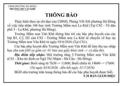 THÔNG BÁO TIẾP NHẬN HỌC SINH TRƯỜNG MN LA KHÊ - CƠ SỞ 2